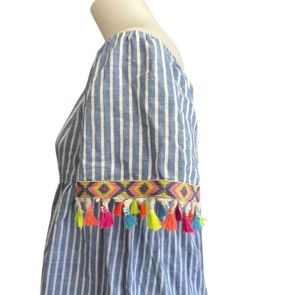Entro Womens Blue White Striped Off Shoulder Tassel Preppy Hip Blouse Medium - Picture 5 of 9